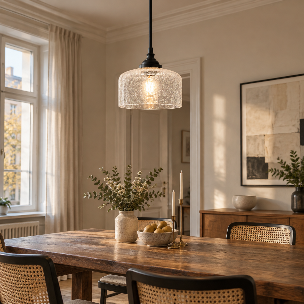 Vintage Glass Pendant Light with patterned glass and three shade colours - New2609-1024527 interior scene