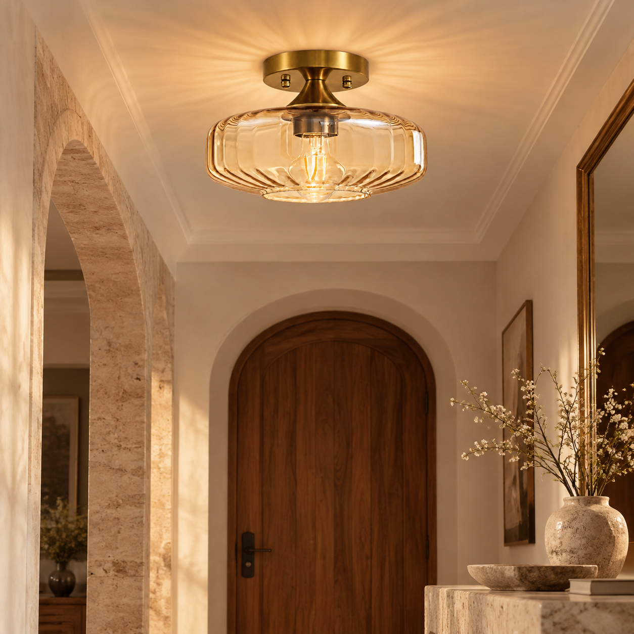 Elara Ribbed Glass Ceiling Light with three glass colours and a semi-flush form - New2609-1024554 interior scene