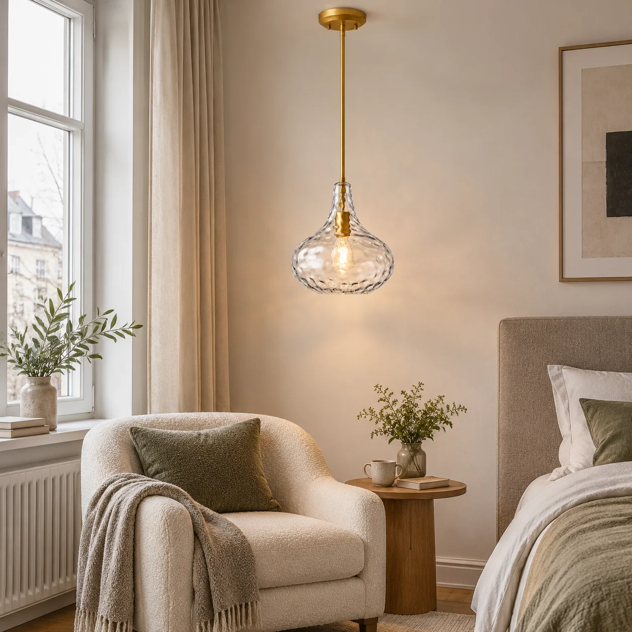 Vintage Textured Glass Pendant with hammered or ripple glass and three metal finishes - New2609-1024500 interior scene