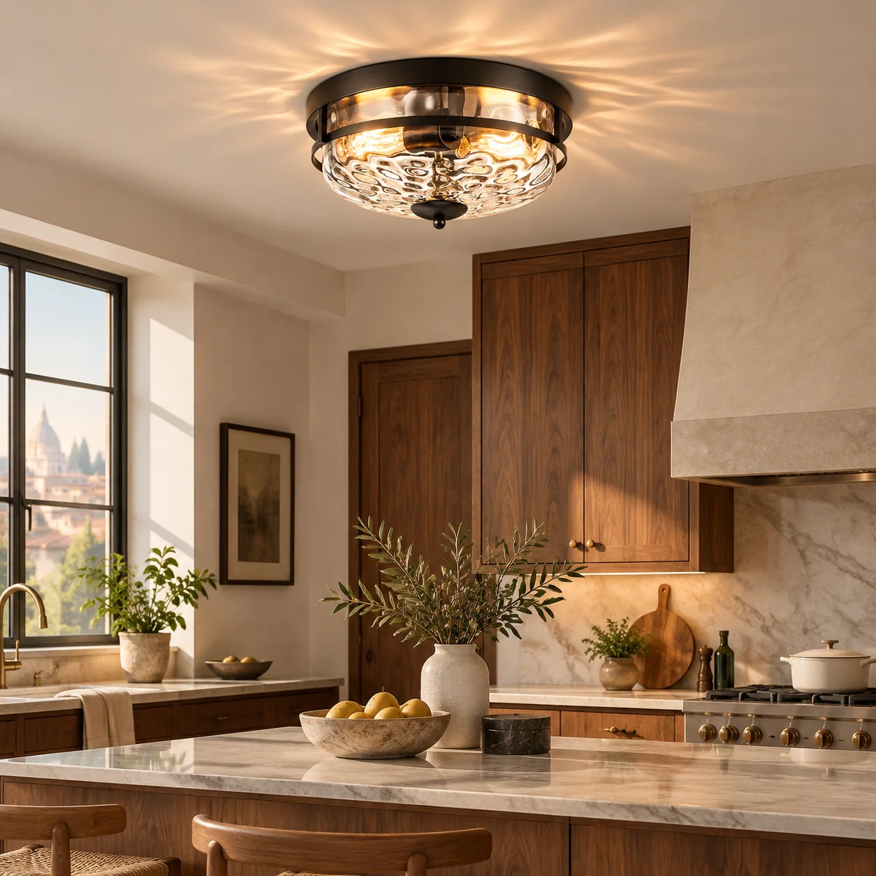 Hammered Glass Flush Ceiling Light with rippled clear glass and three finishes - New2609-1024587 interior scene