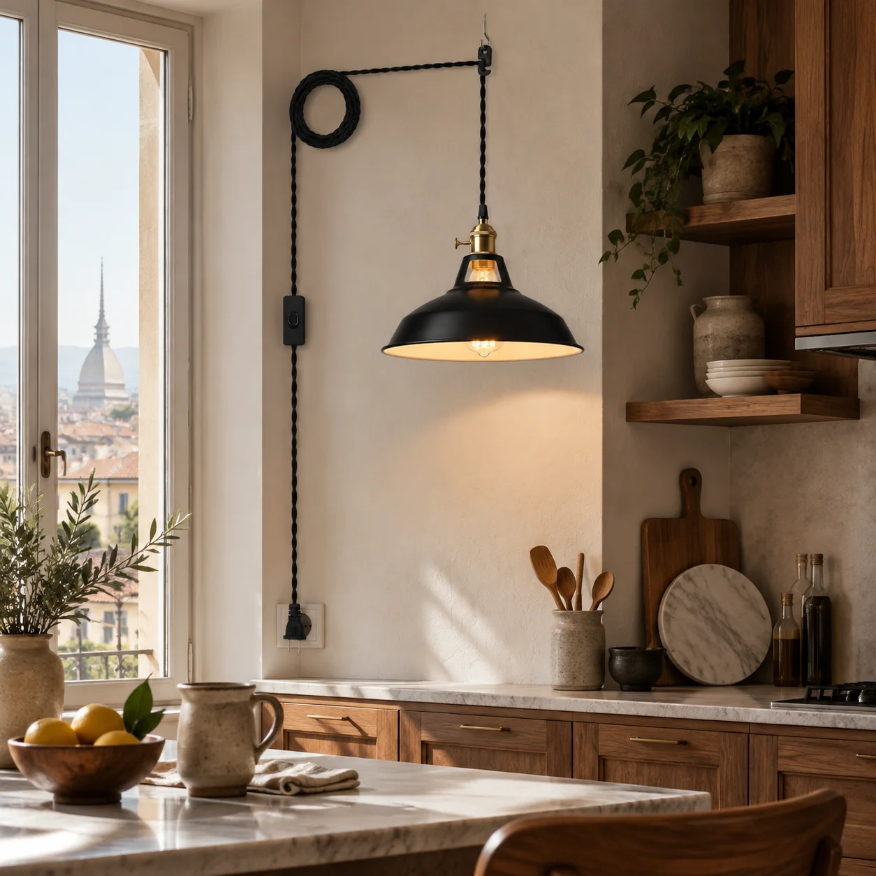 Farmhouse Plug-In Pendant with a braided cord and an on/off switch - New2609-1024609 interior scene