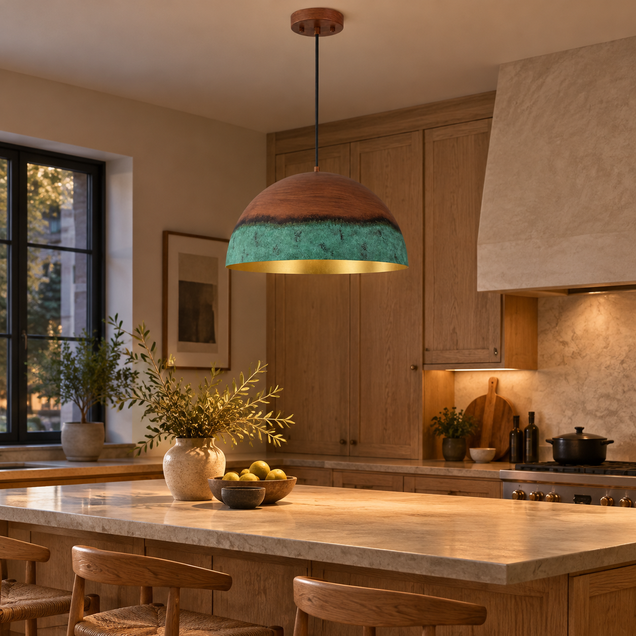 Copper Patina Dome Pendant with textured iron and two shade sizes - New2609-1024557 interior scene
