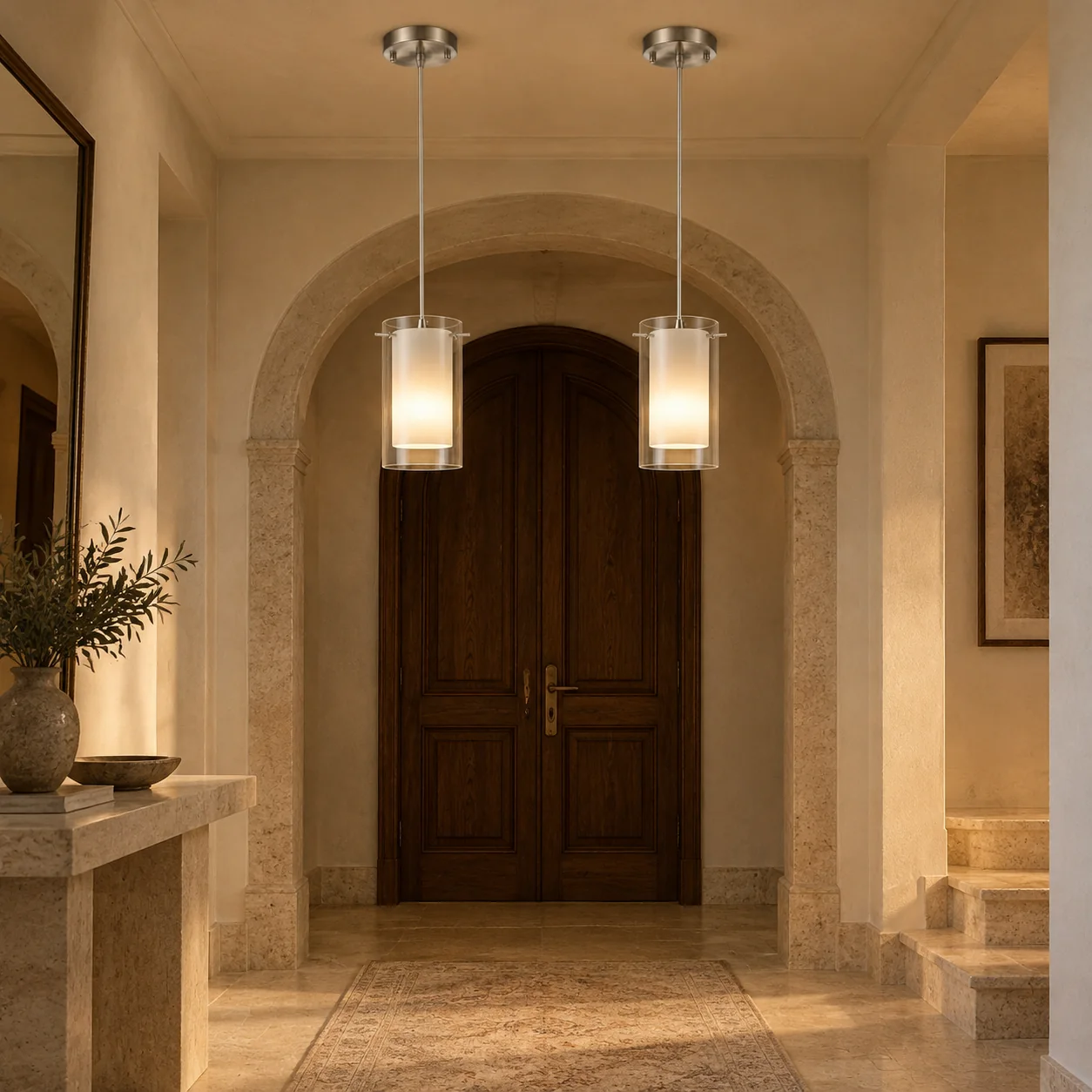 Double Glass Pendant Light with clear and white glass and one to three lights - New2609-1024585 interior scene
