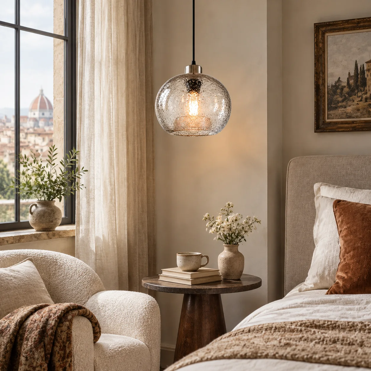 Textured Glass Globe Pendant with marble glass options and chrome or gold - New2609-1024576 interior scene