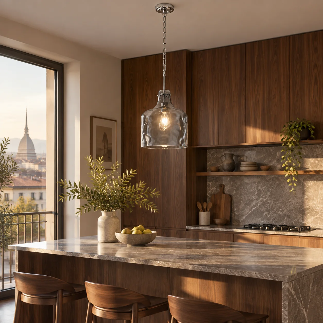 Vintage Glass Pendant Light with hammered or seeded glass and three metal finishes - New2609-1024512 interior scene