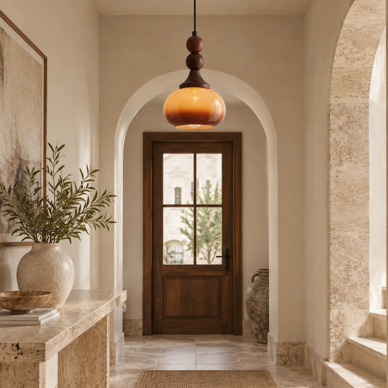 Shaped Glass Pendant Light with brown or cream and a sculptural shade - New2609-1024583 interior scene
