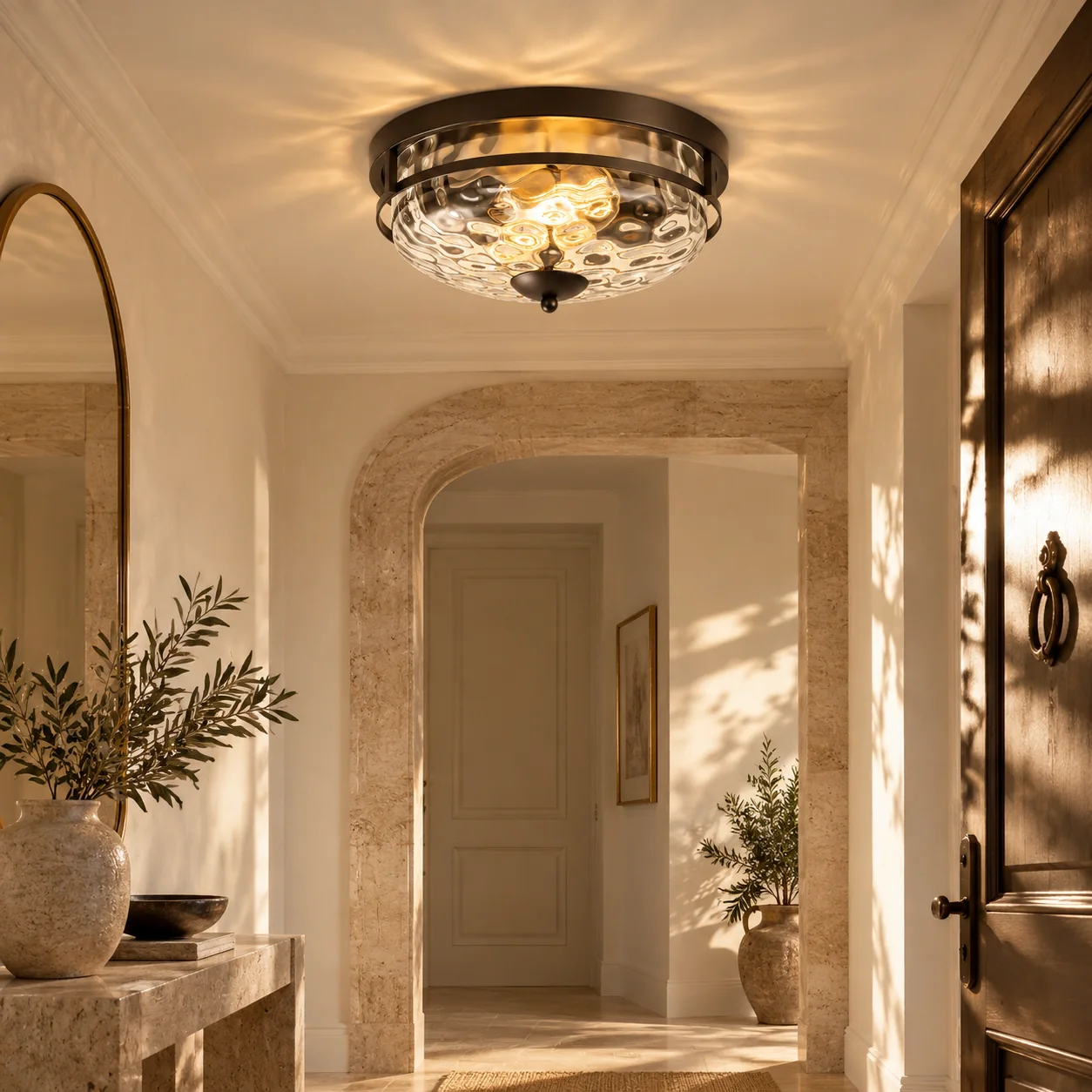 Hammered Glass Flush Ceiling Light with rippled clear glass and three finishes - New2609-1024588 interior scene