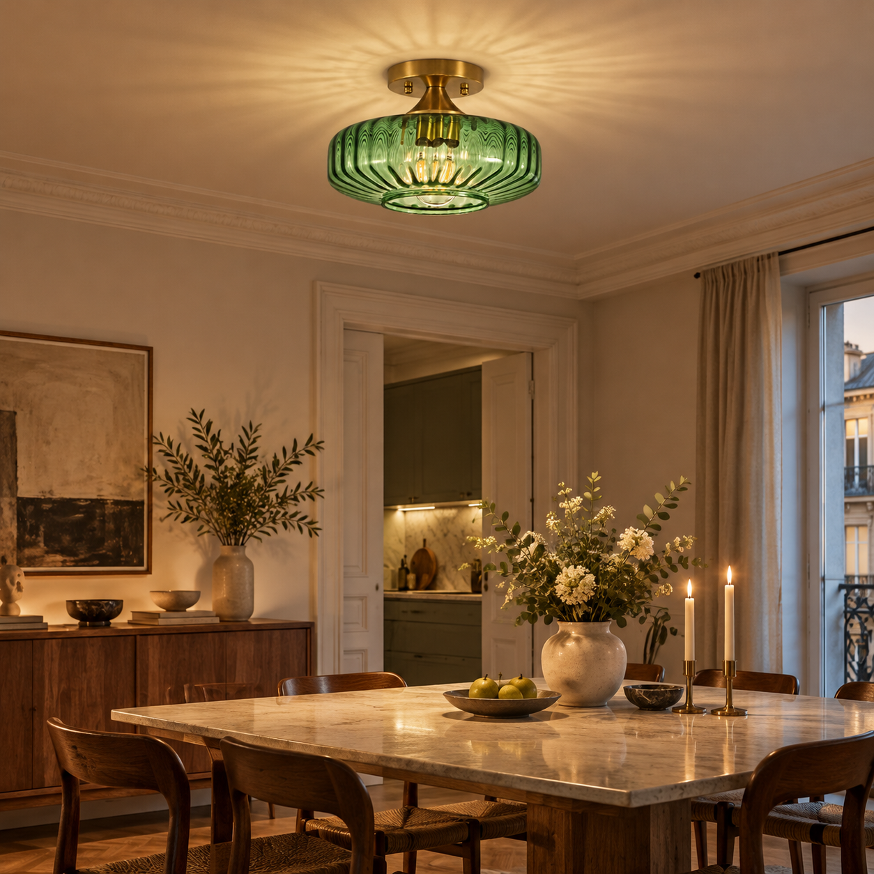Elara Ribbed Glass Ceiling Light with three glass colours and a semi-flush form - New2609-1024553 interior scene