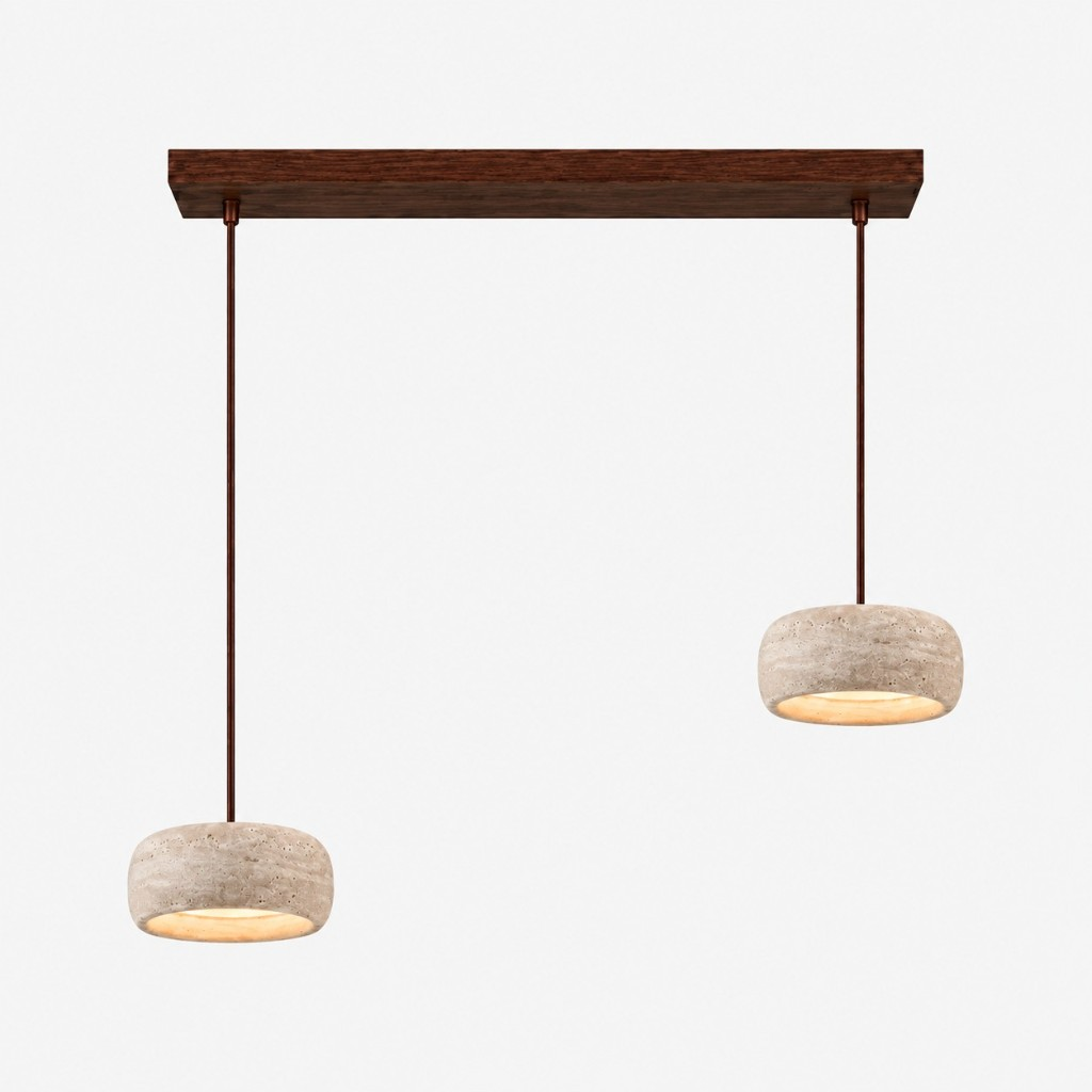 Two smaller cream travertine rounded pendants on a walnut bar