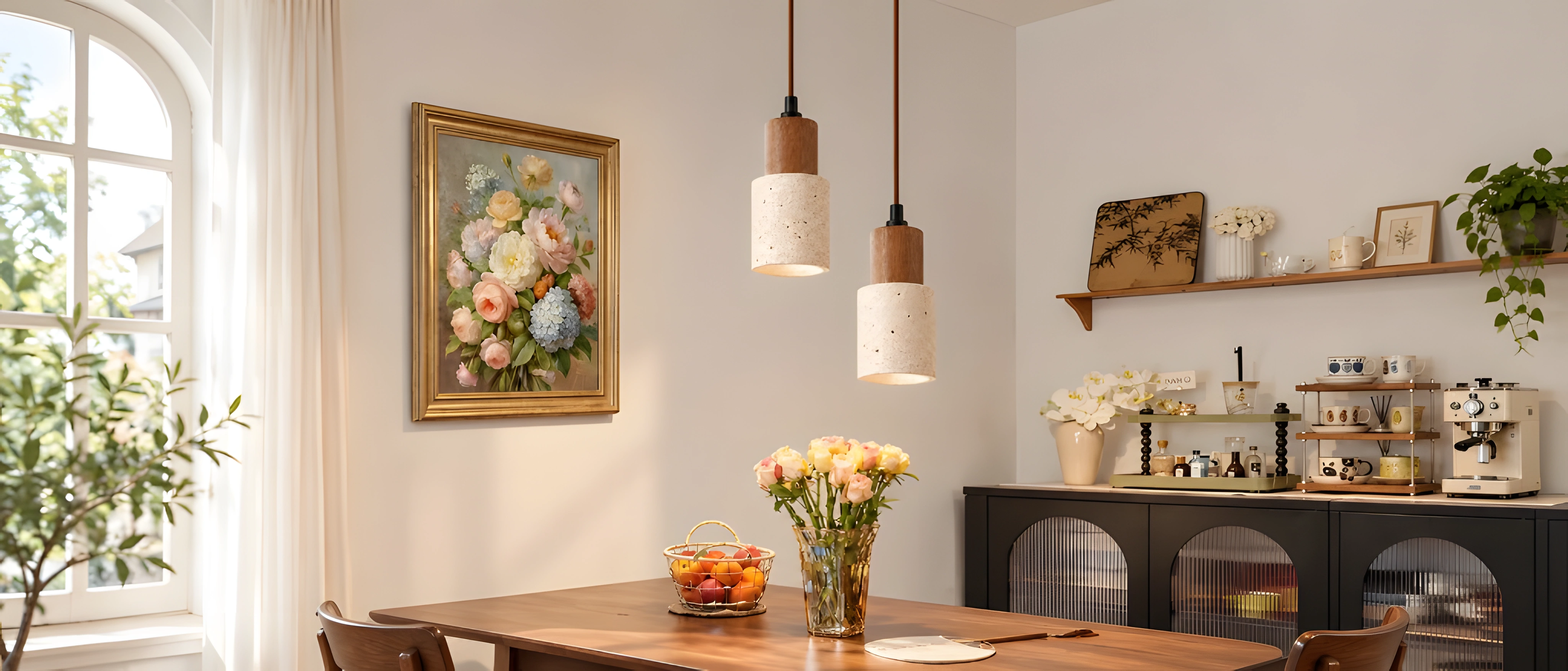 Two cylinder pendant lights above a dining table