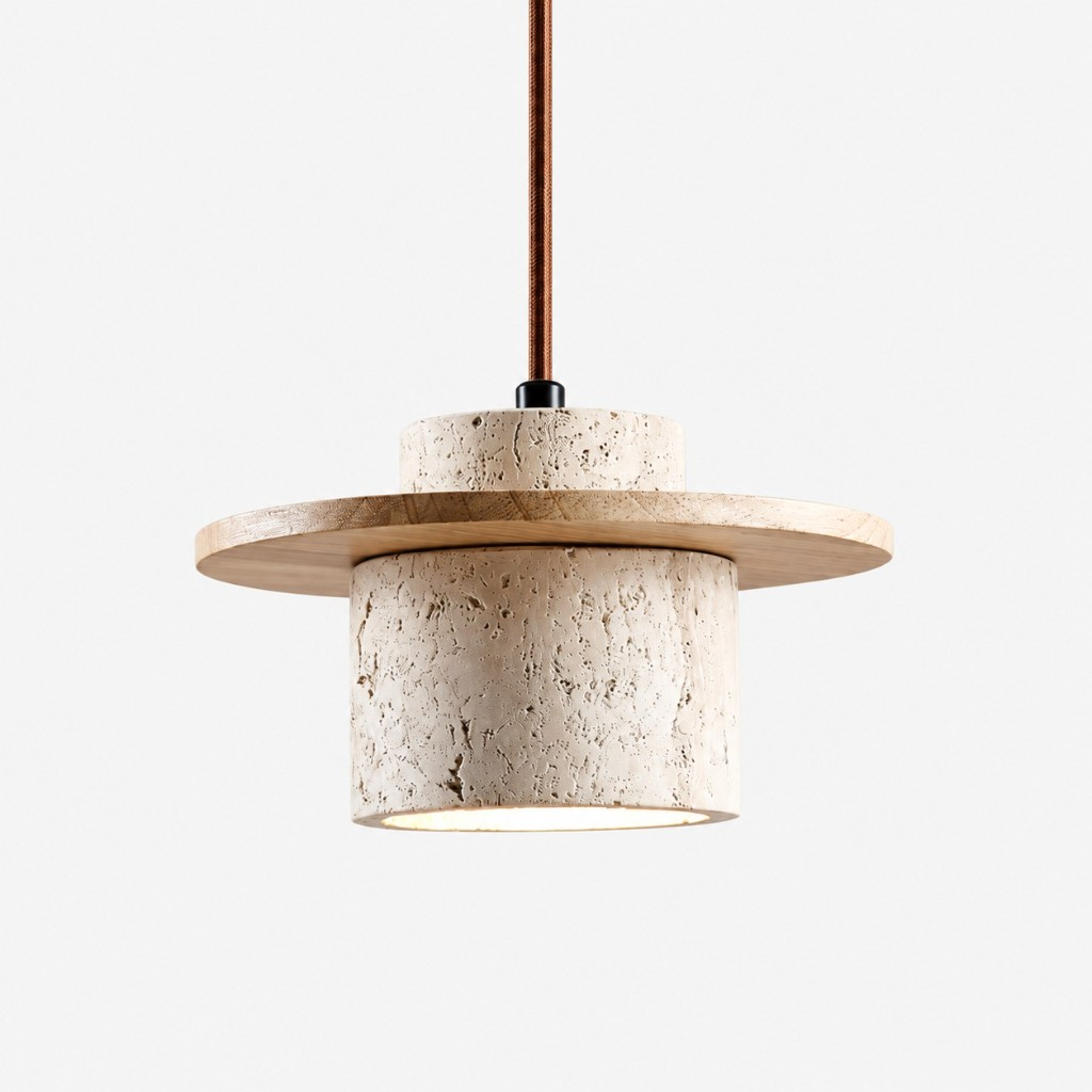 Wood disc travertine pendant light