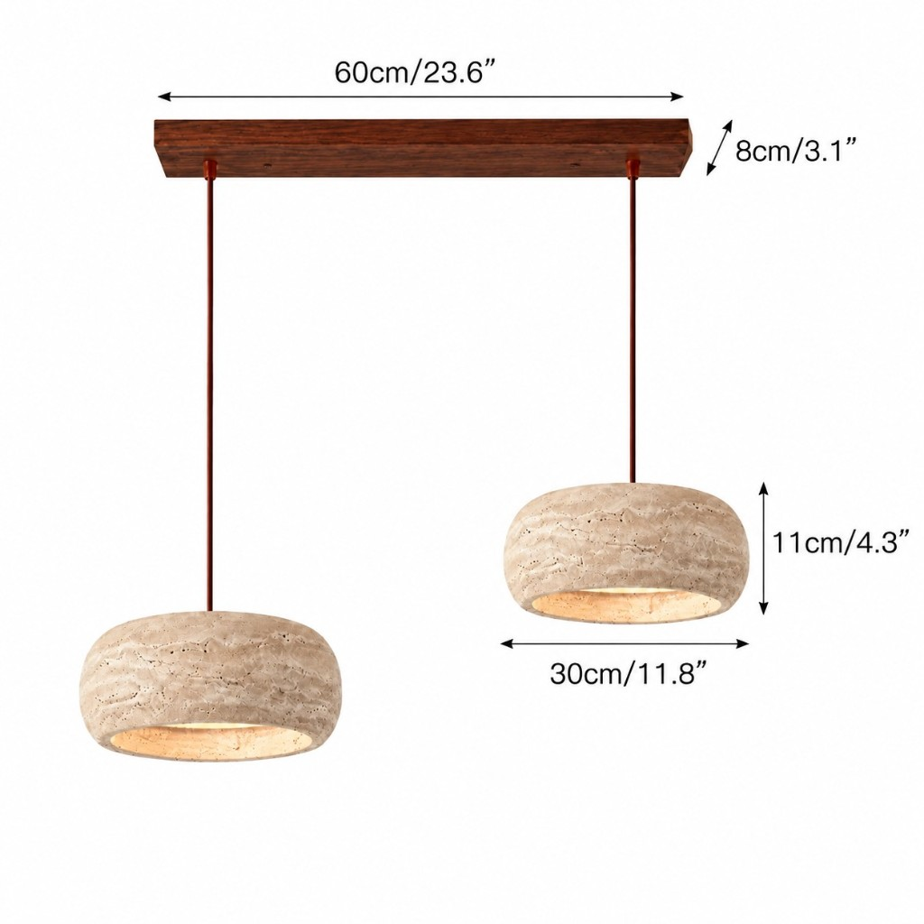 Two-light rounded pendant dimensions, 60 cm bar and 30 cm shade