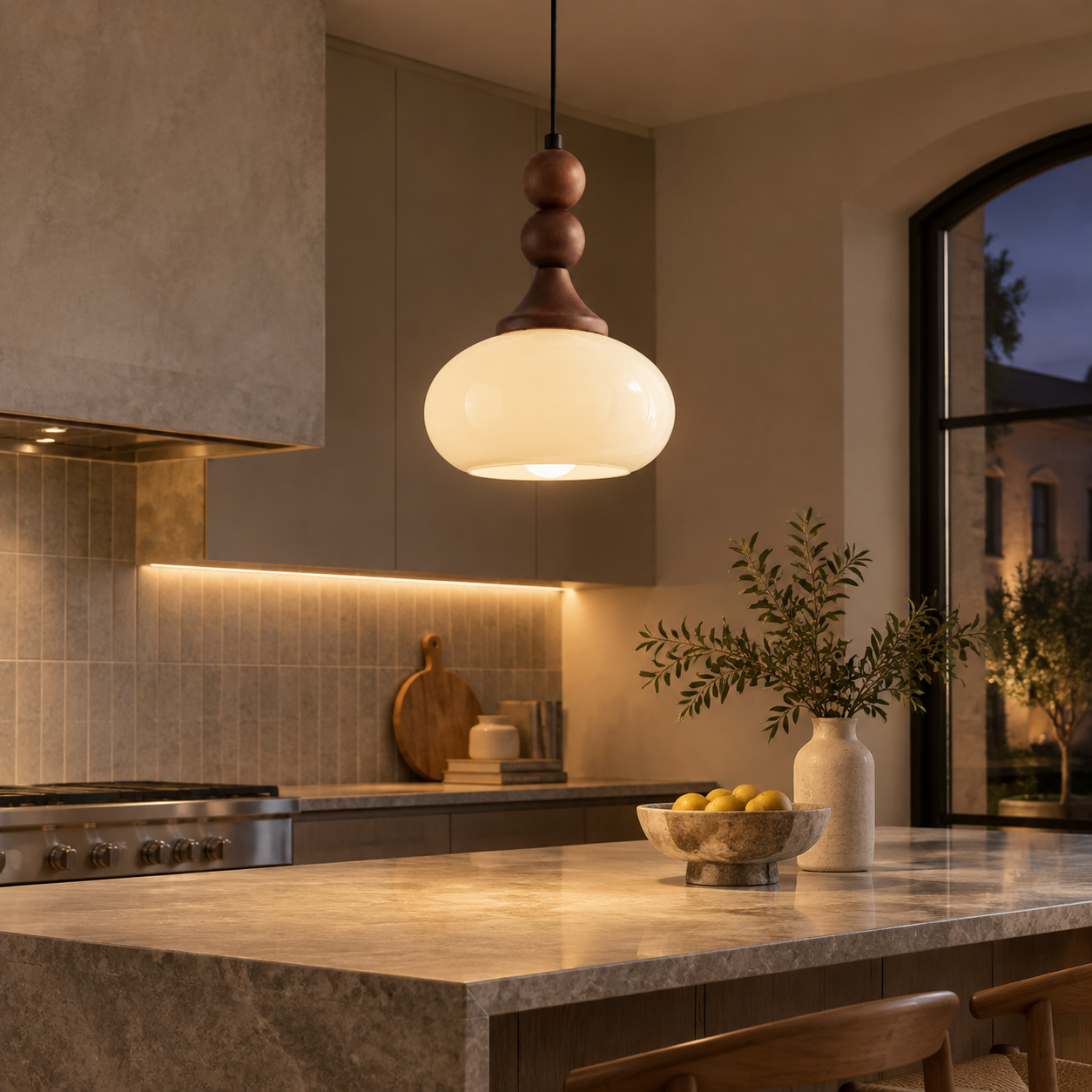 Shaped Glass Pendant Light with brown or cream and a sculptural shade - New2609-1024582 scene 4
