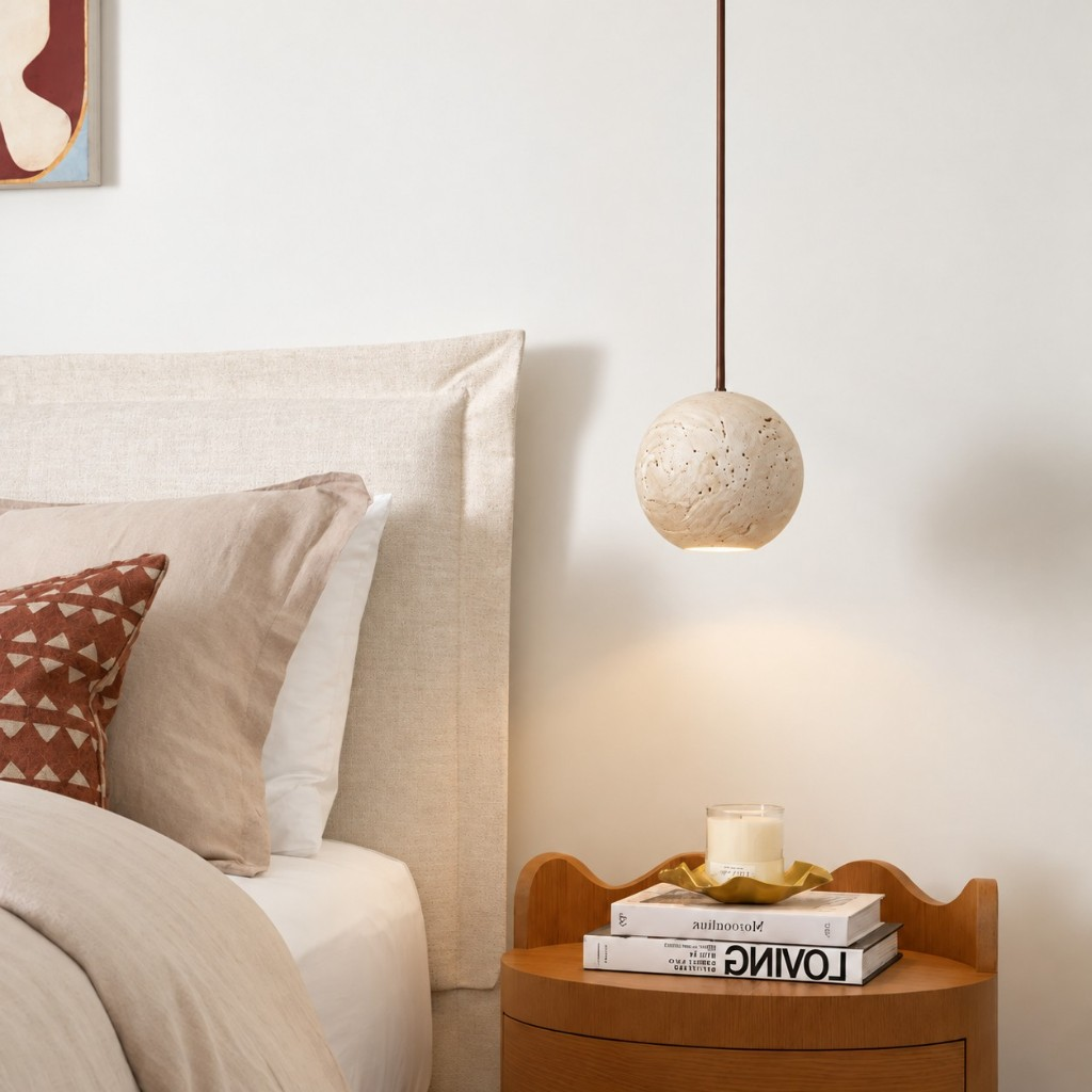 Ball pendant light beside a bed