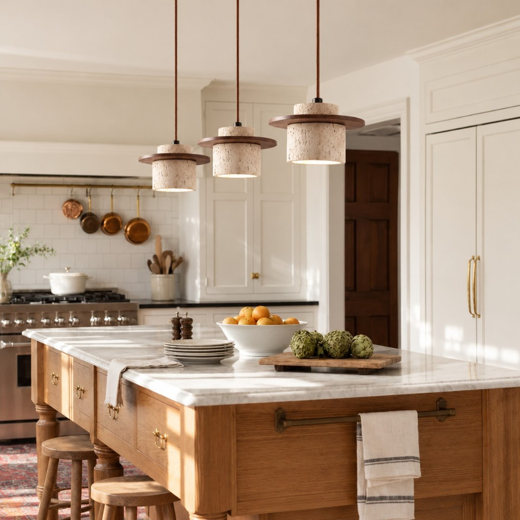 Walnut disc pendant lights above a kitchen island