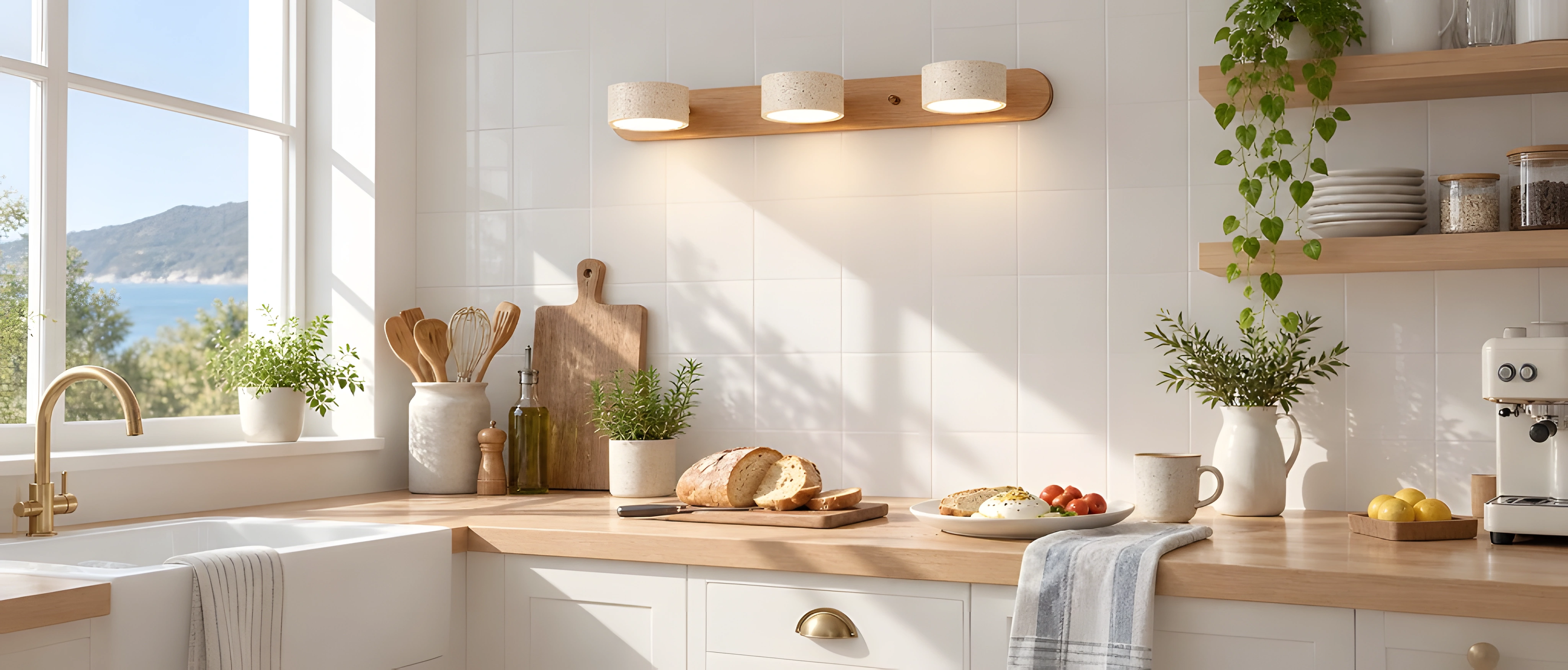 Three-light wood wall sconce above a kitchen counter