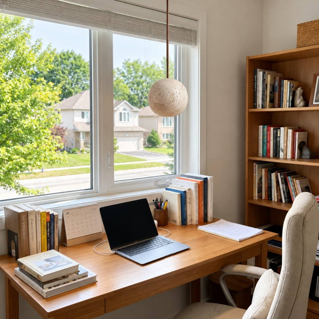 Ball pendant light above a desk