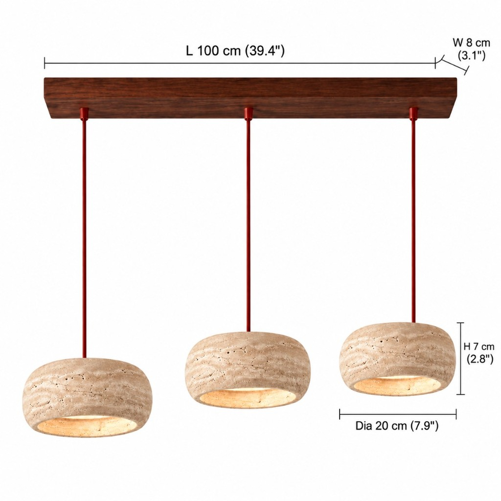 Three-light rounded pendant dimensions, 100 cm bar and 20 cm shade