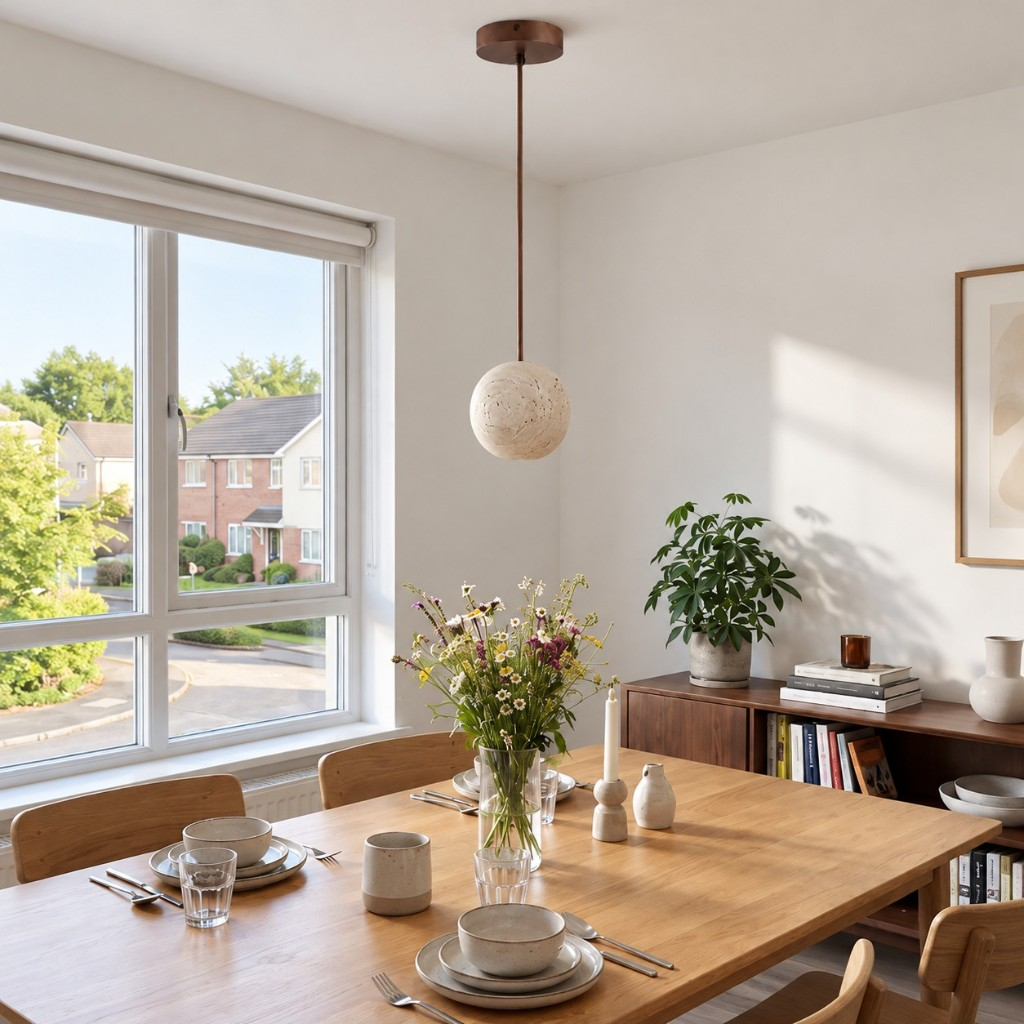Ball pendant light above a dining table