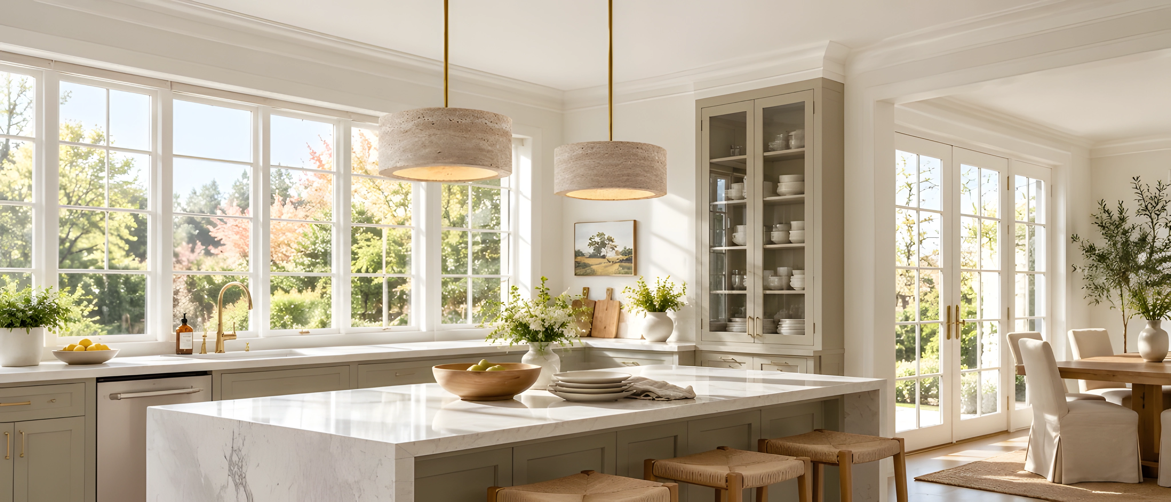 Two cream travertine drum pendants over a pale kitchen island