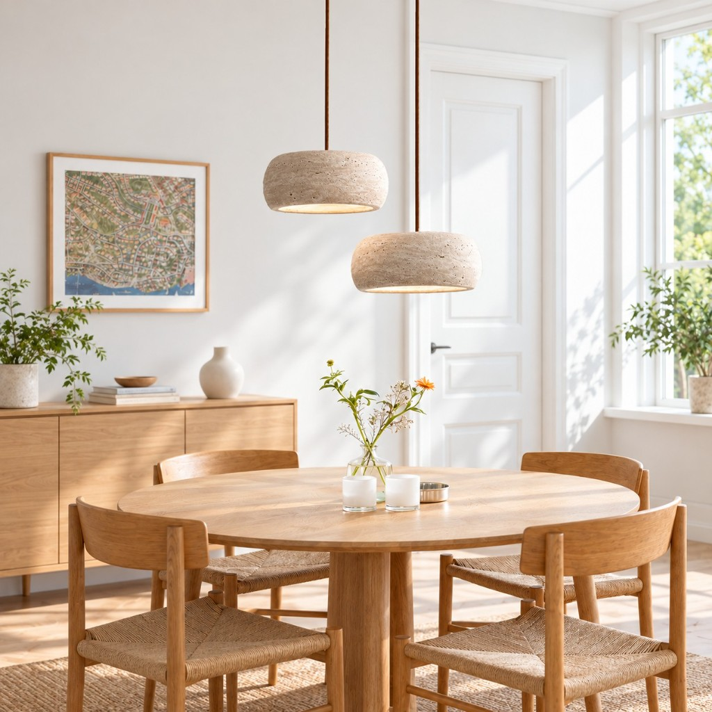 Two rounded travertine pendants over a round table