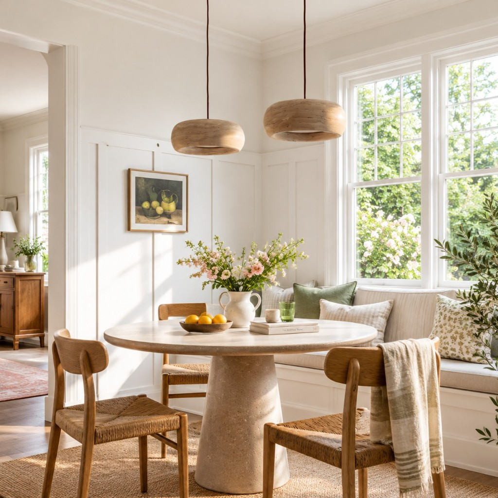 Two rounded travertine pendants in a dining nook