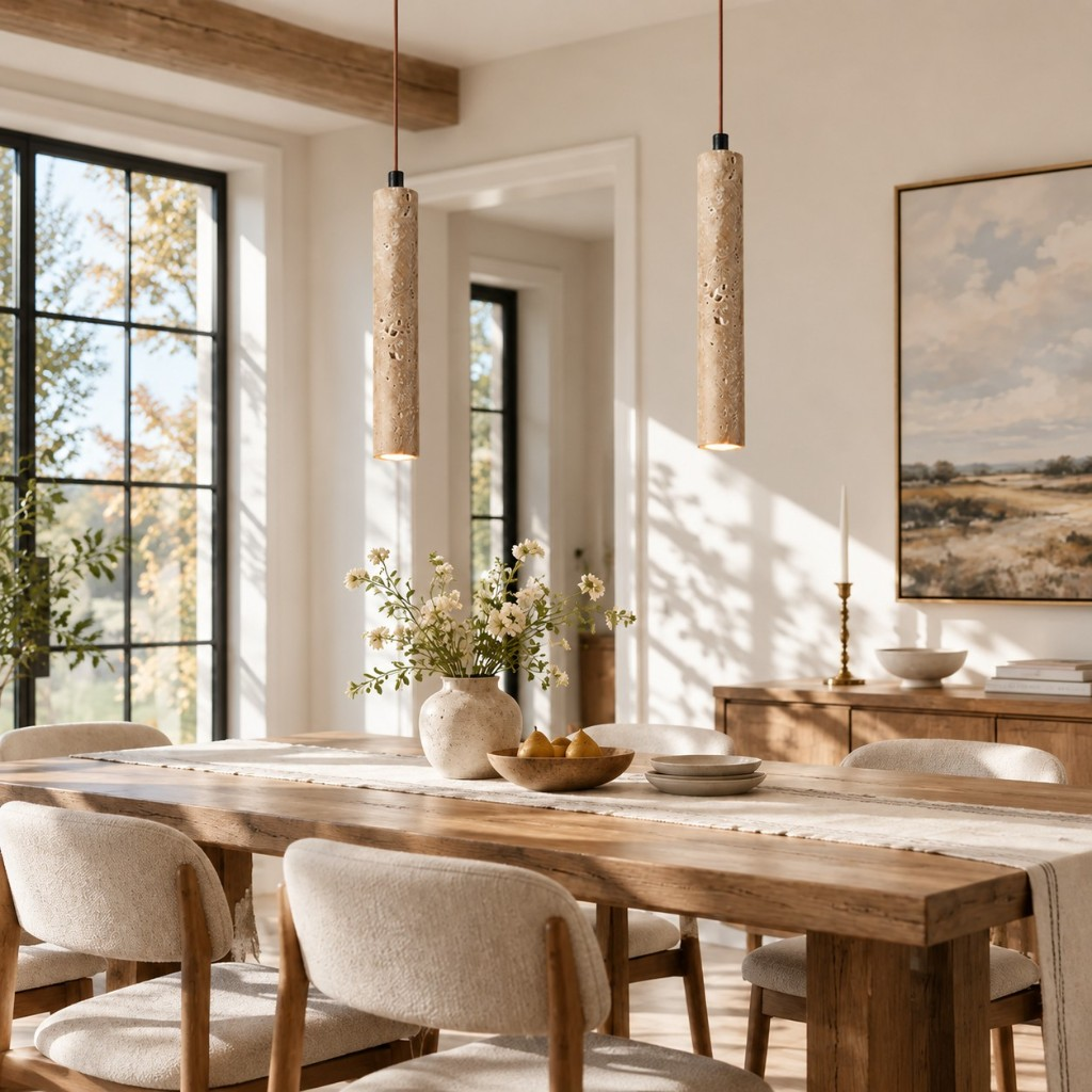 Stone tube pendant lights above a dining table