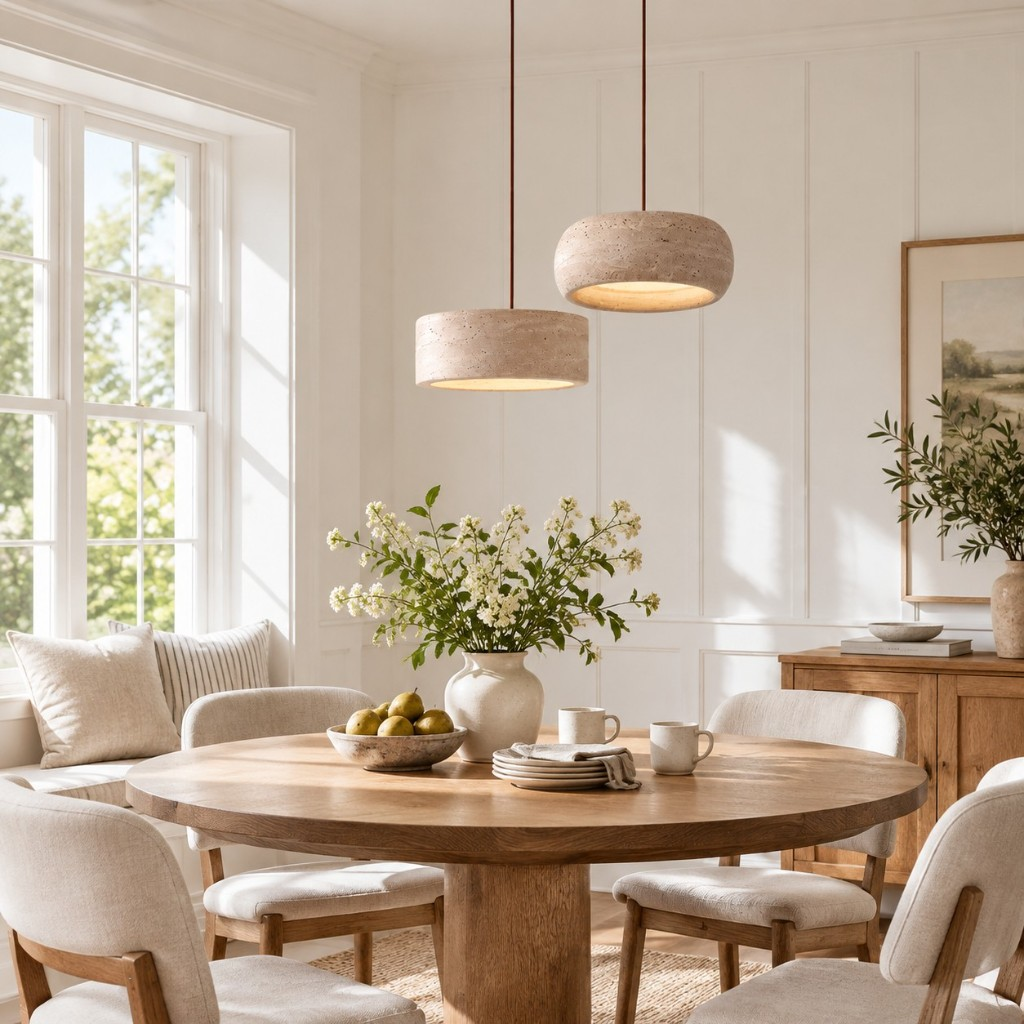 Drum and rounded pendants over a dining table