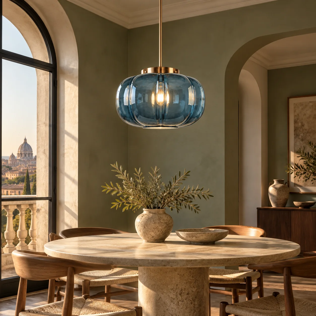 Ribbed Glass Dome Pendant with blue or clear glass and one light - New2609-1024641 scene 4