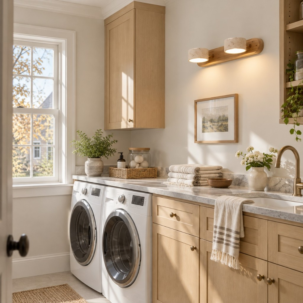 Wood two-light wall sconce in a laundry room