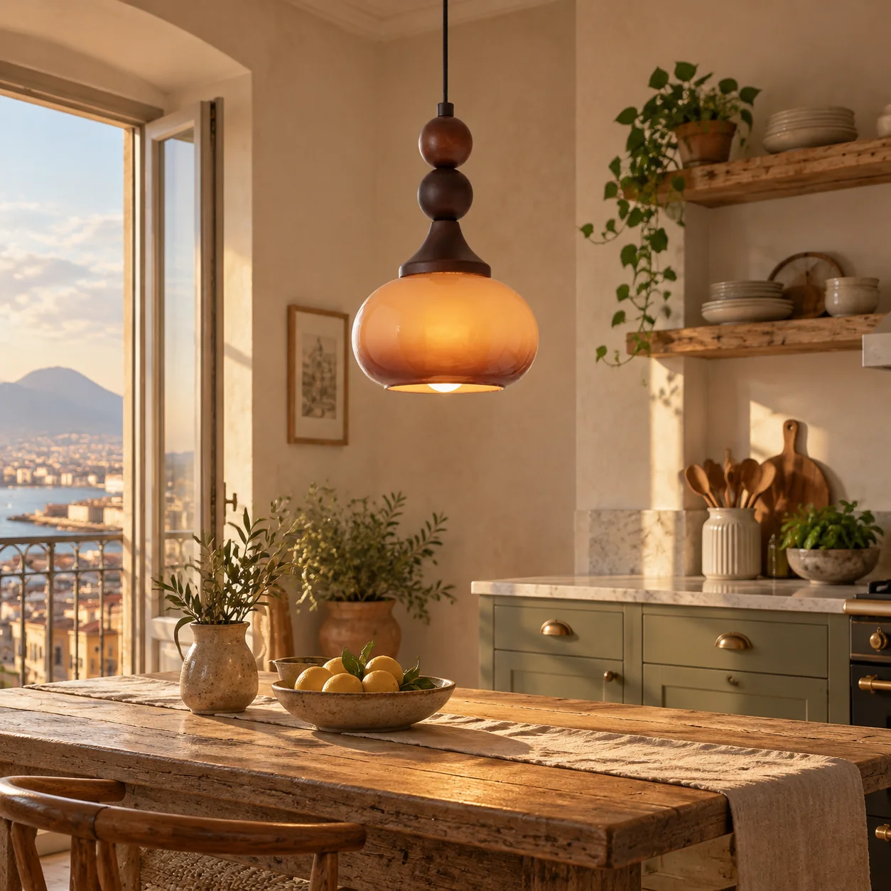 Shaped Glass Pendant Light with brown or cream and a sculptural shade - New2609-1024583 scene 3