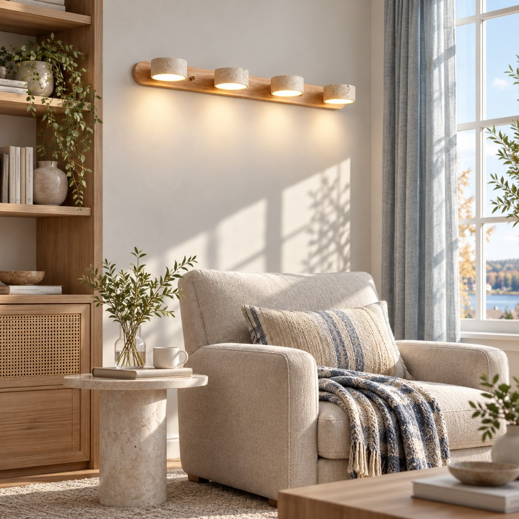 Wood four-light wall sconce in a living room