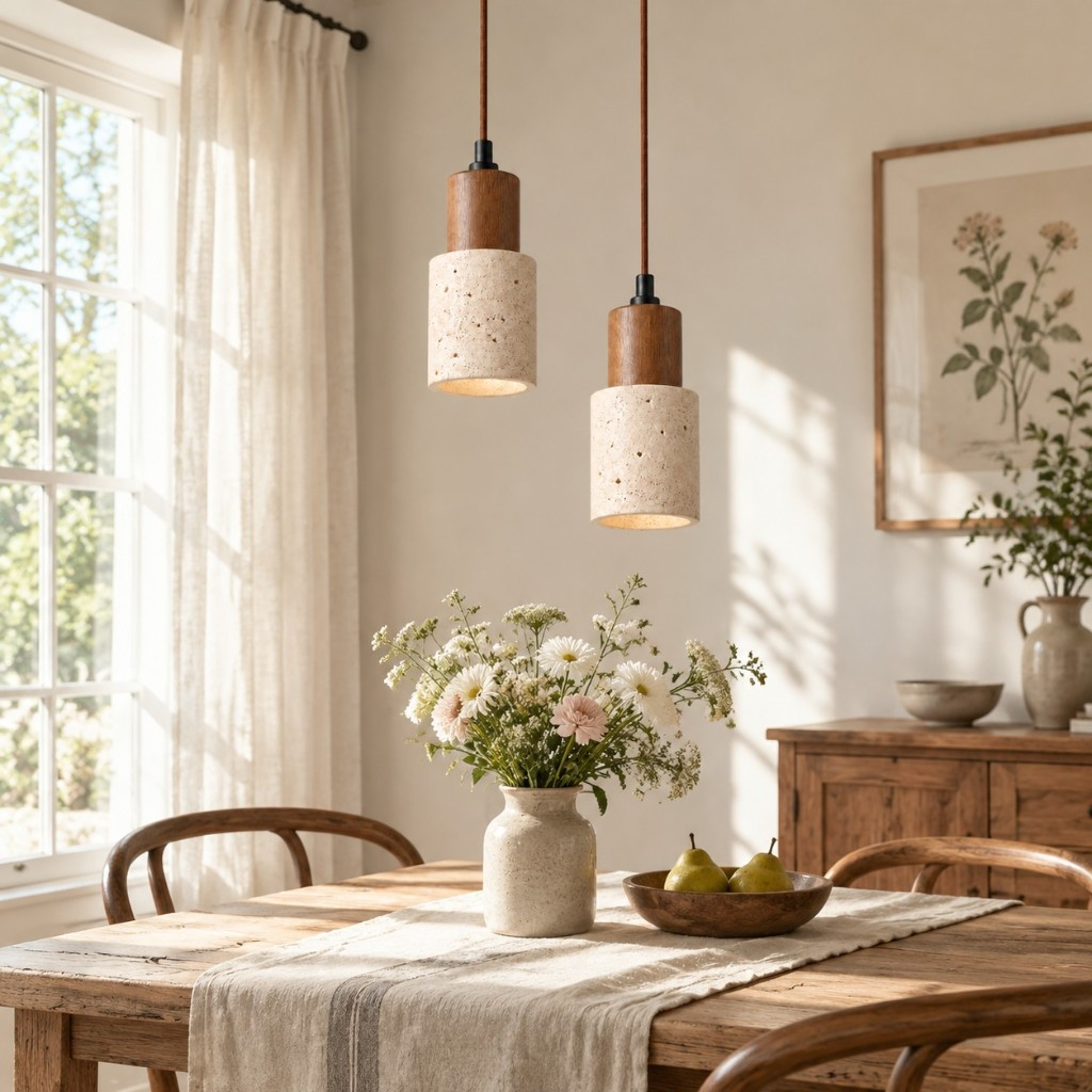 Two cylinder pendant lights above a wood dining table