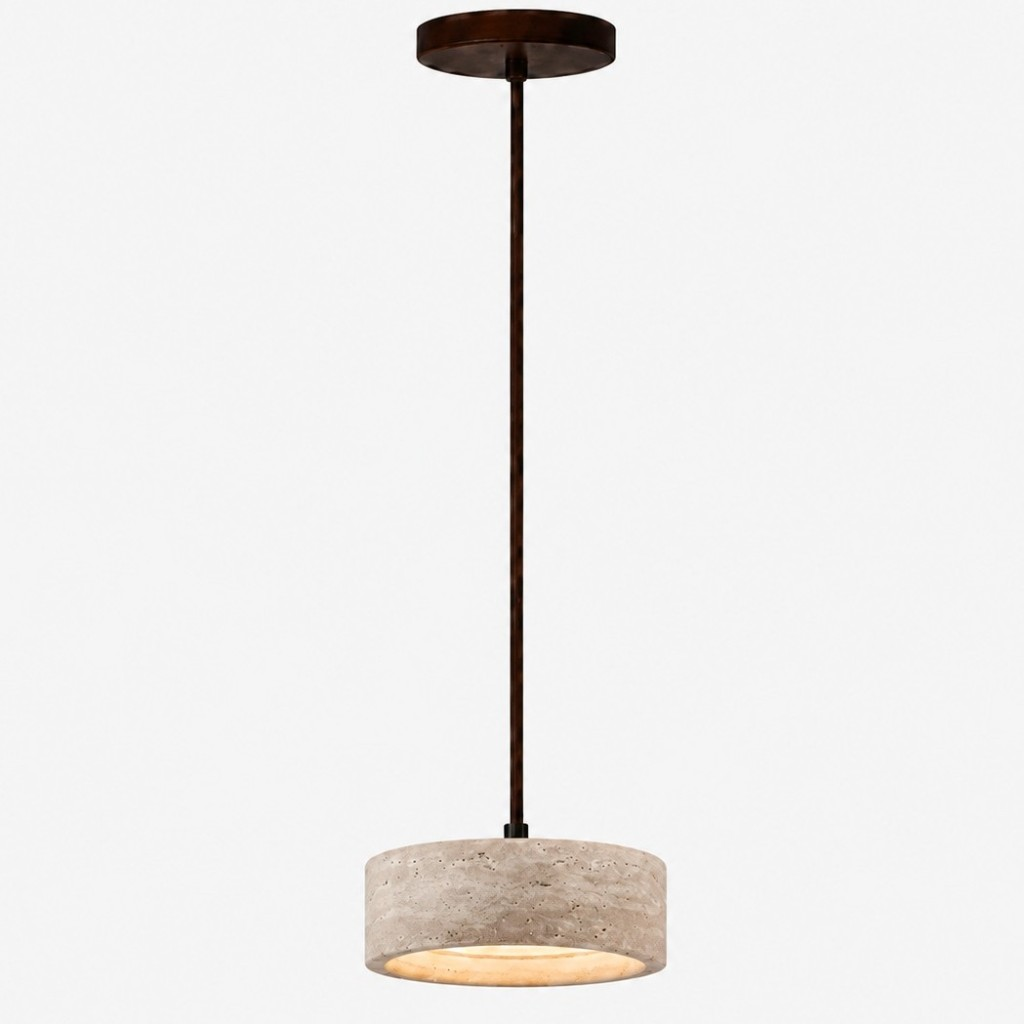 Smaller cream travertine drum pendant on a round canopy
