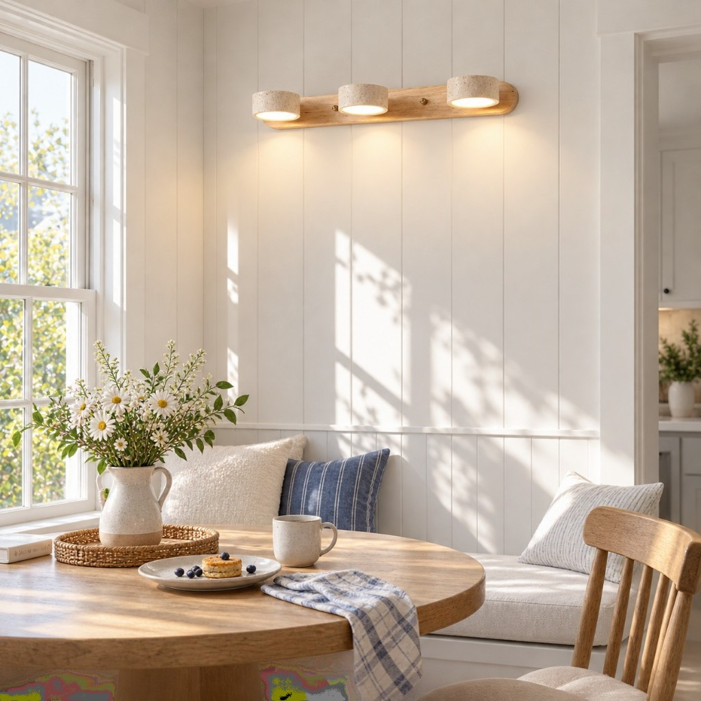 Wood three-light wall sconce in a breakfast nook