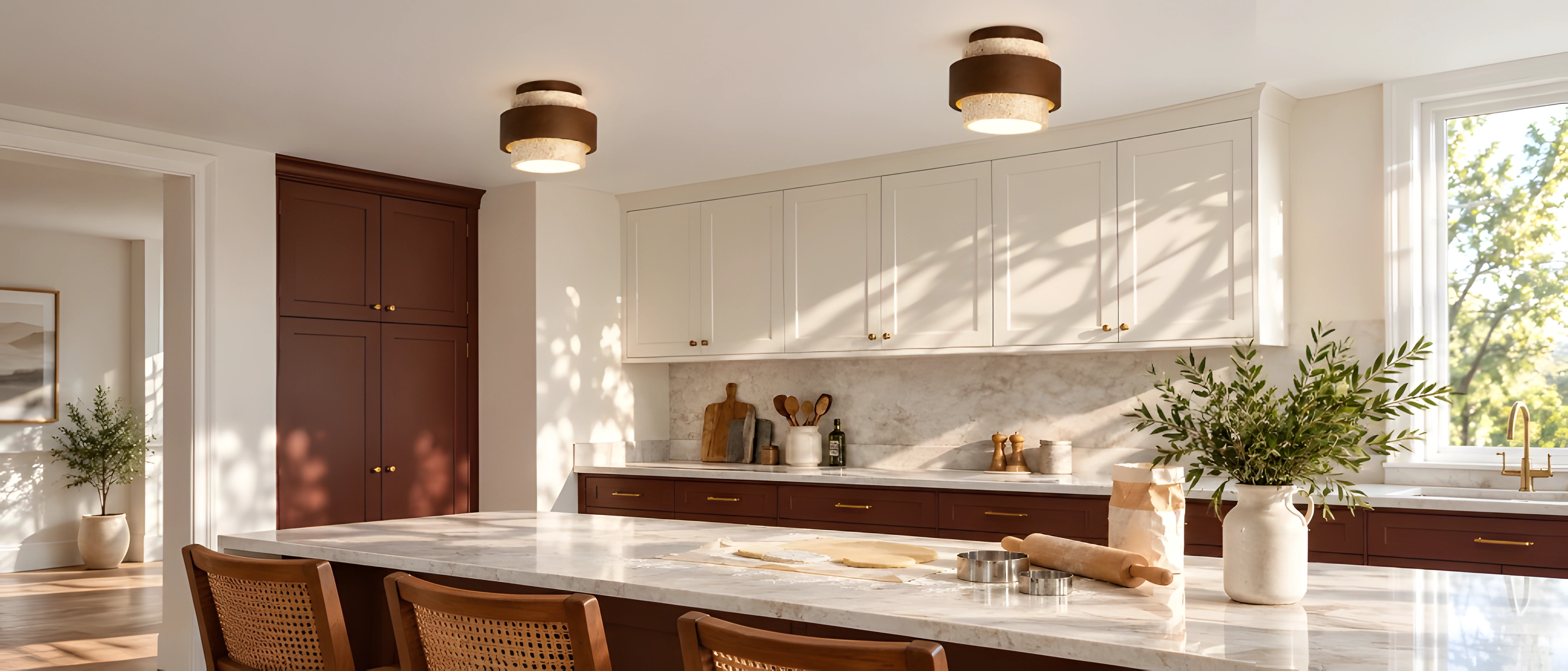Stacked band ceiling light above a kitchen island