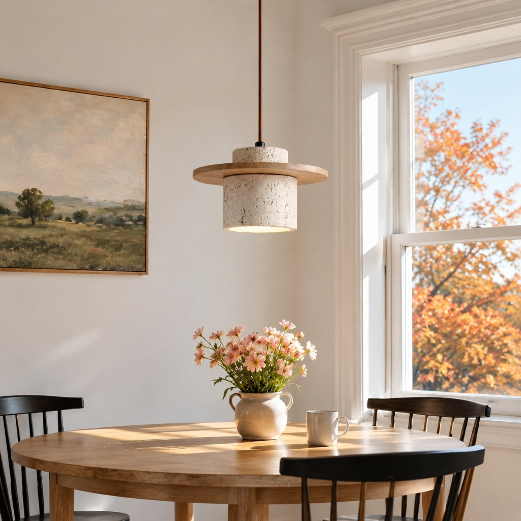 Wood disc pendant light above a round table