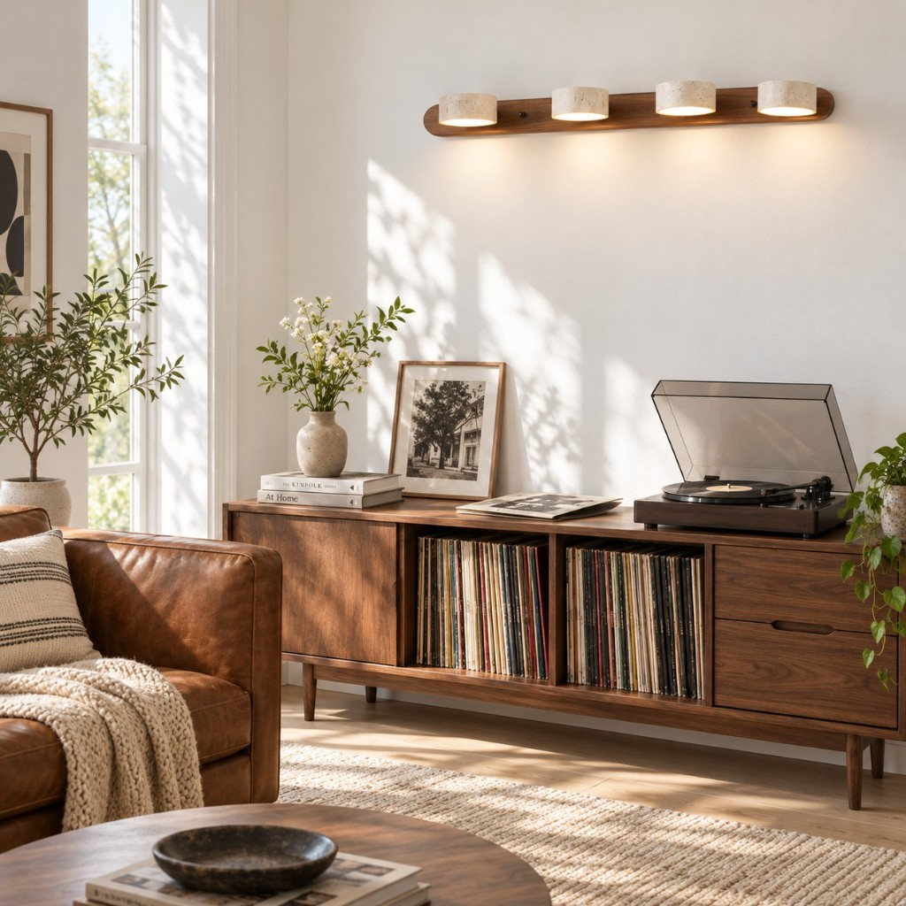 Walnut four-light wall sconce in a living room