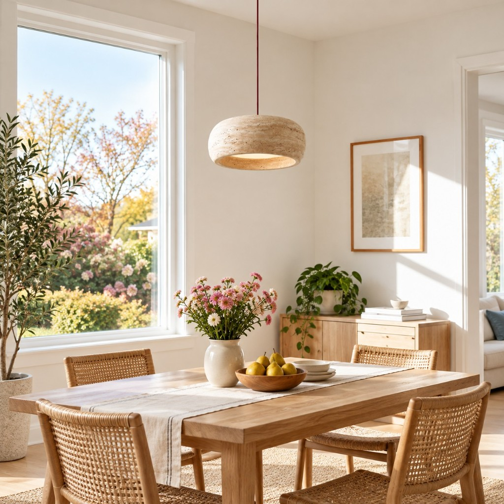 A rounded travertine pendant beside a window