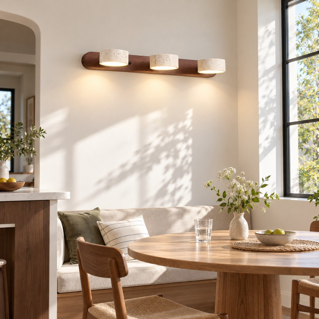 Walnut three-light wall sconce above a dining table