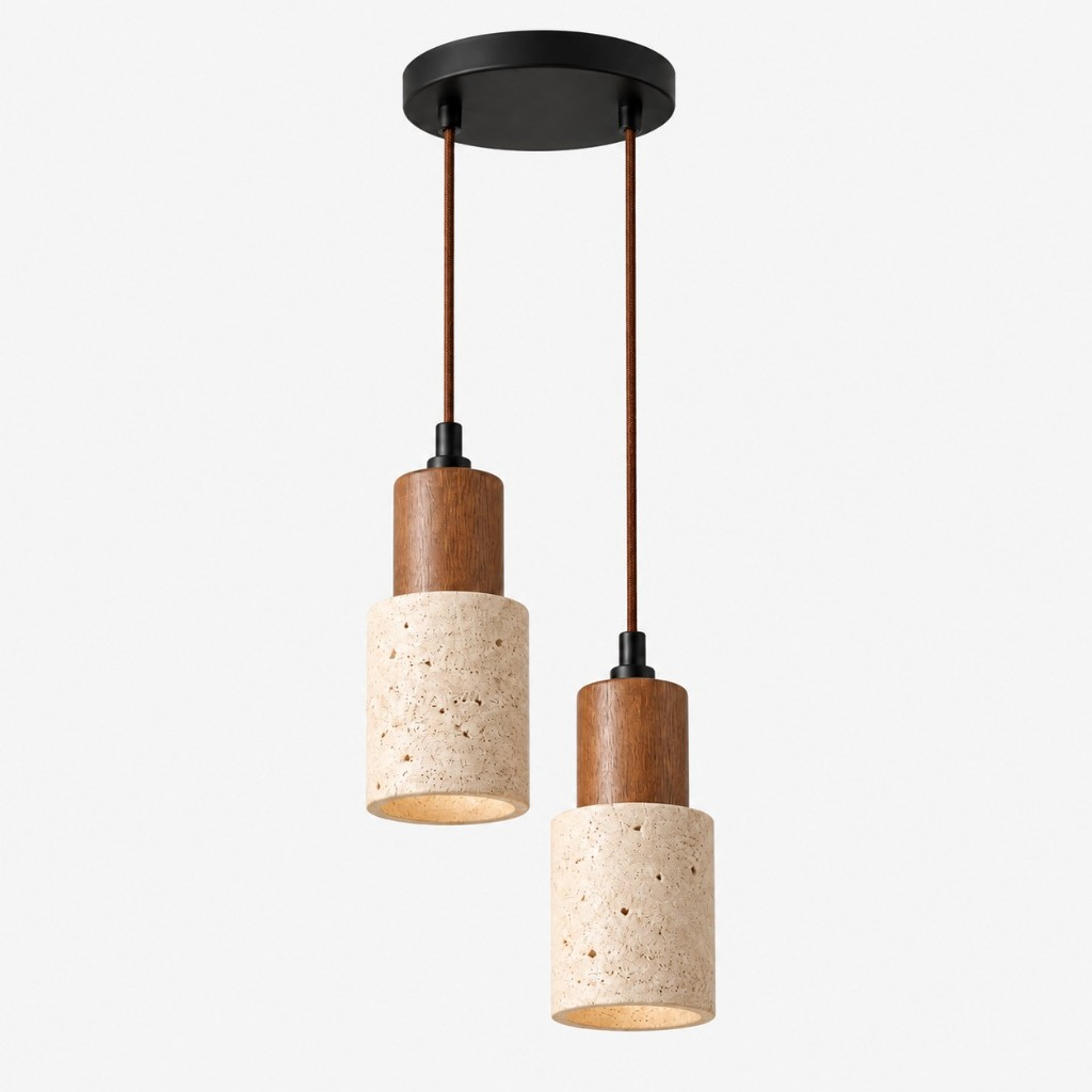 Two travertine cylinder pendant lights
