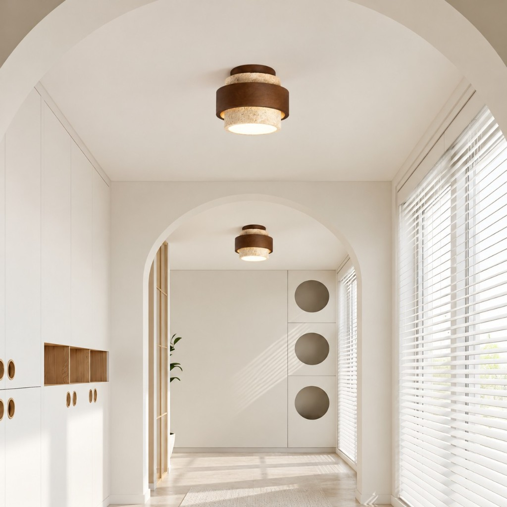 Stacked band ceiling light in a white hallway