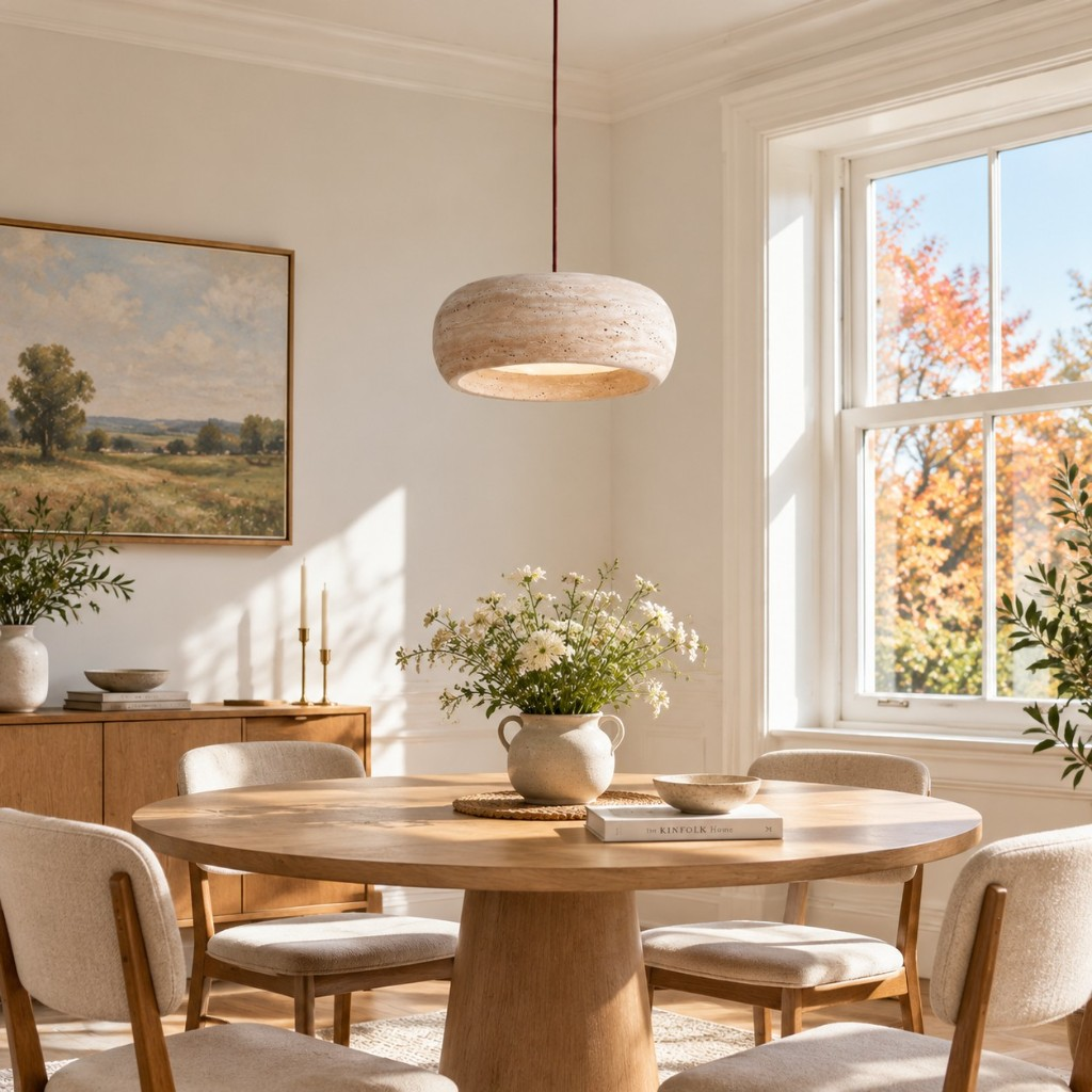 A rounded travertine pendant over a round table