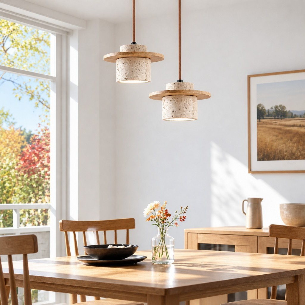 Wood disc pendant lights above a dining table