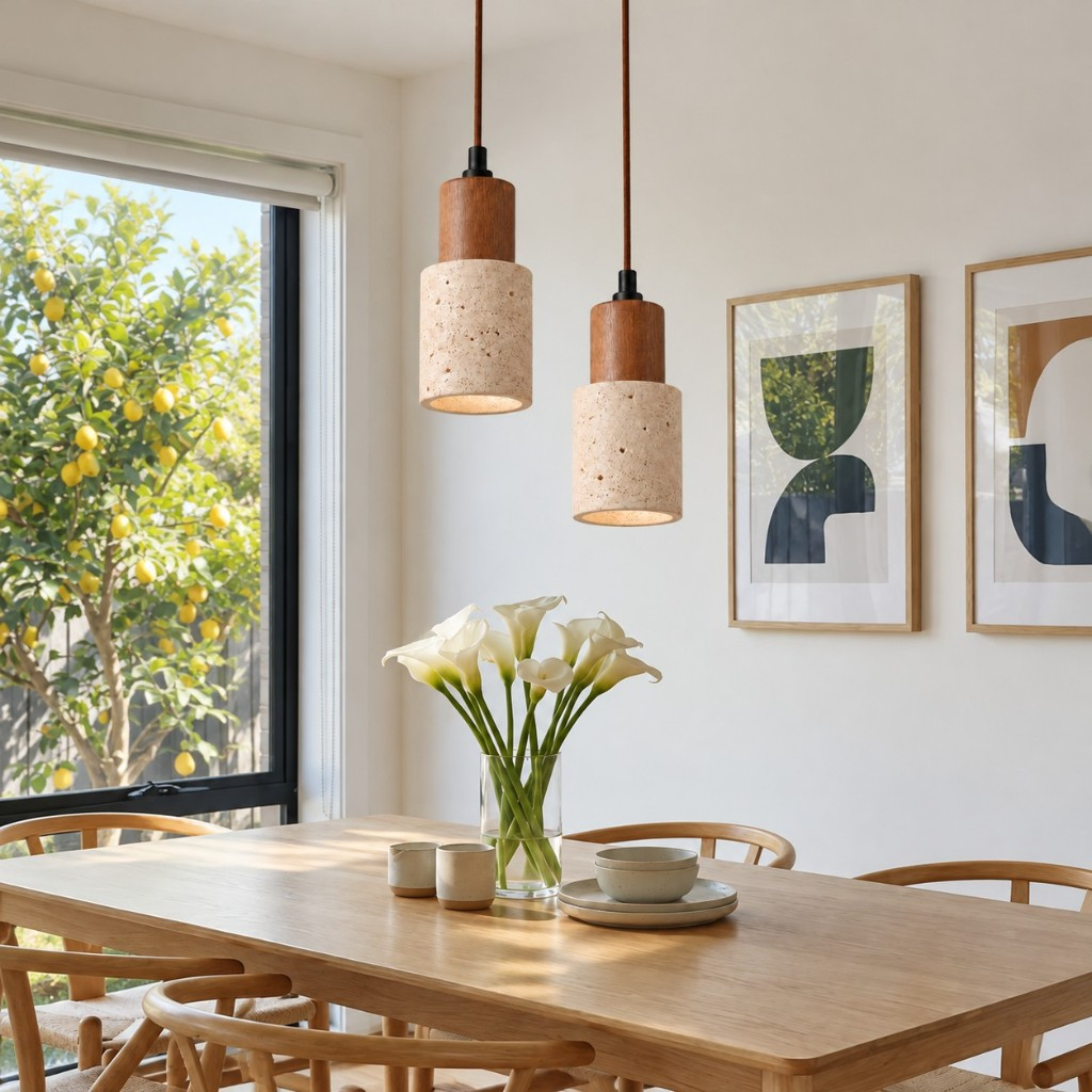 Two cylinder pendant lights above a dining table
