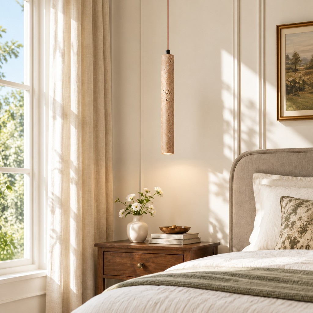Stone tube pendant light beside a bed