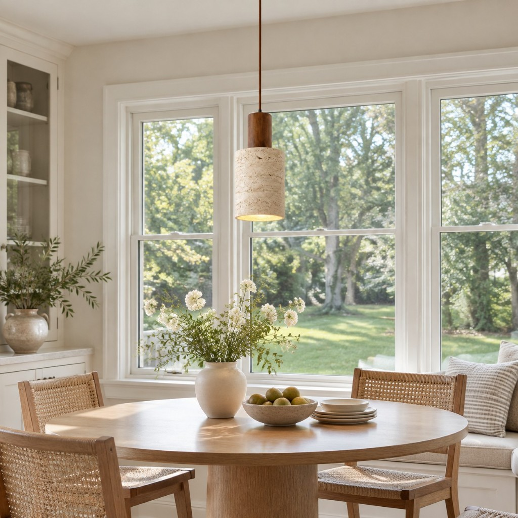 Single cylinder pendant light above a round dining table