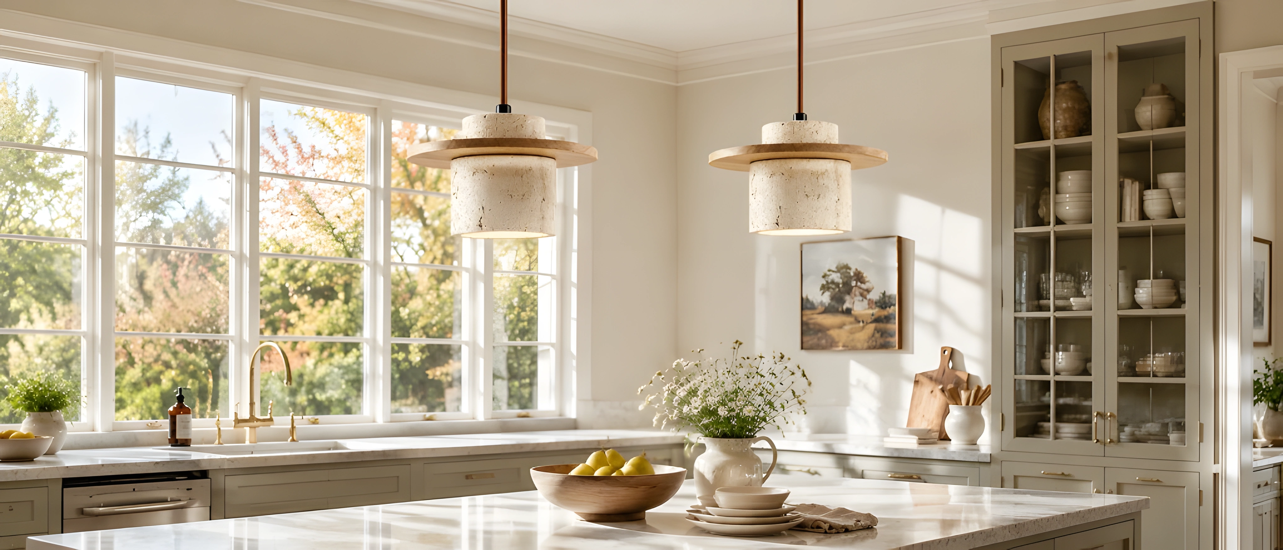 Wood disc pendant lights above a kitchen island