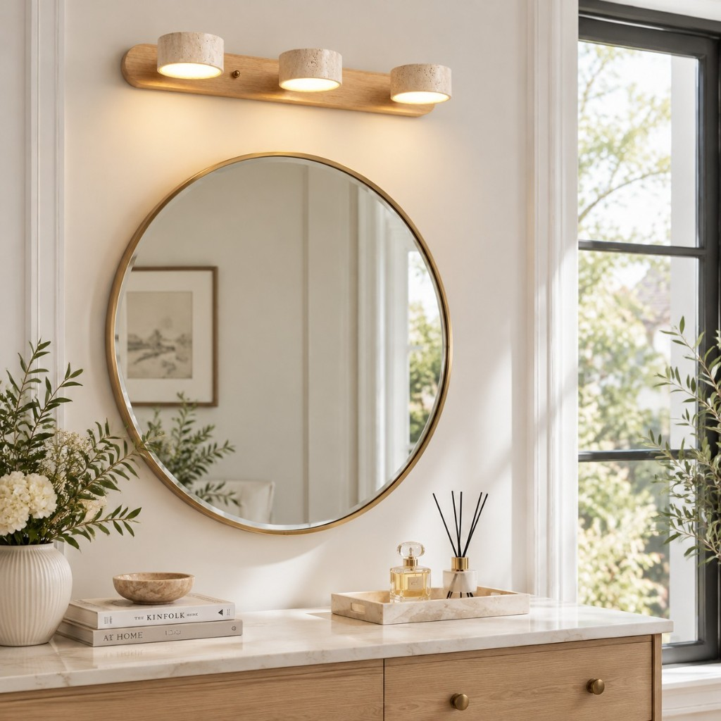 Wood three-light wall sconce above a vanity