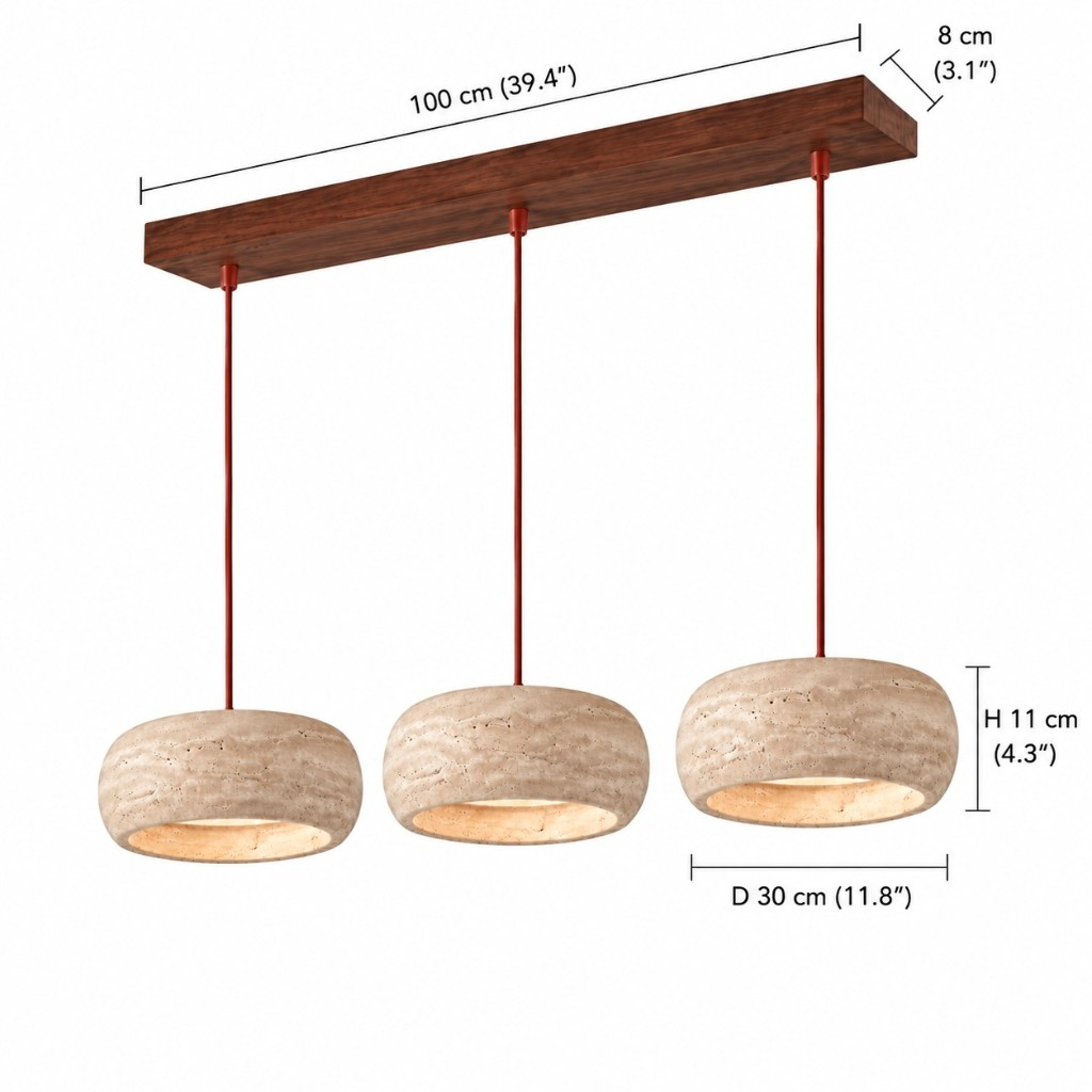 Three-light rounded pendant dimensions, 100 cm bar and 30 cm shade